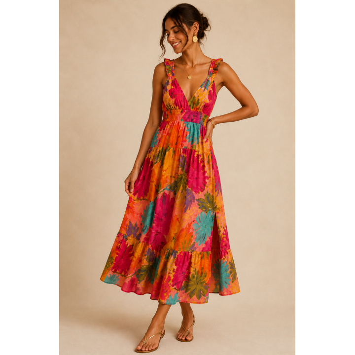 Robe longue fleurie multicolore