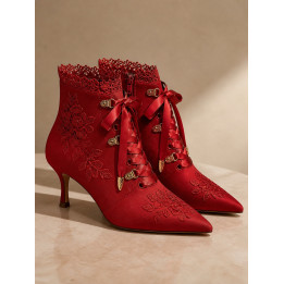 Red Embroidered Heeled Ankle Boots